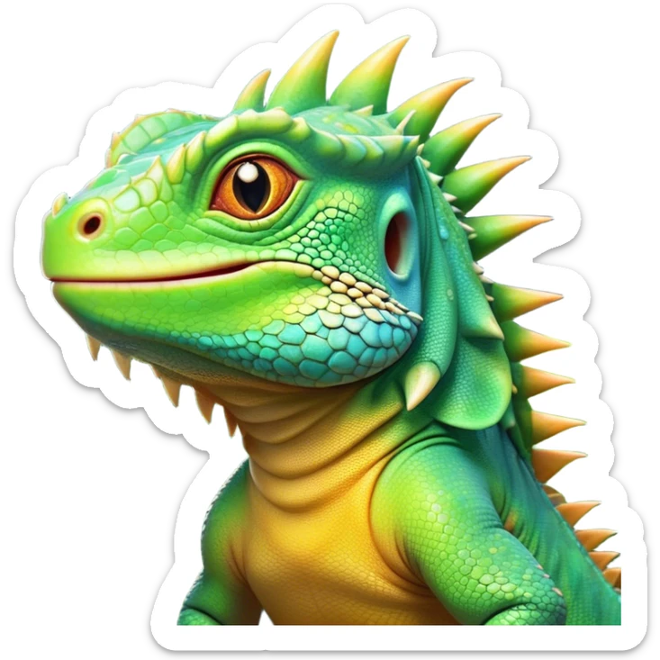 Cinematic Cute Iguana Portrait Emoji, Head tilted playfully and inquisitively, featuring a delightfully vibrant, textured body with a subtle spiky crest and large, sparkling eyes full of gentle wonder, Simplified yet irresistibly adorable features, highly detailed, glowing with a warm, inviting jungle glow, high shine, affectionate and lively, stylized with a touch of whimsical reptilian charm, soft glowing outline, capturing the essence of a mischievous yet loving iguana that seems as if it could scurry out of the screen into your arms! sticker