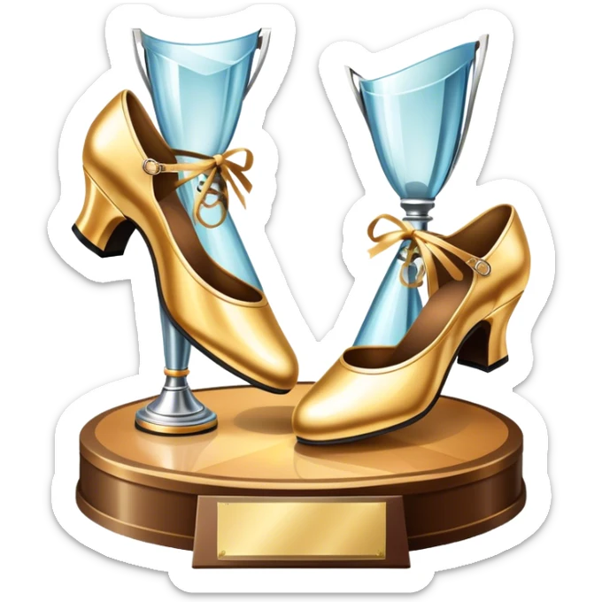 Icon for Ballroom Dancing: a pair of ballroom shoes, a dance floor with lighting, and a decorative dance trophy. The icon should represent the elegance and rhythm of ballroom dance through its key symbols. Transparent background. sticker