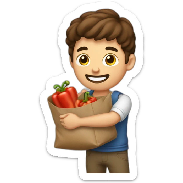 Man with brown hair holding up a bag of paprikas with one hand sticker