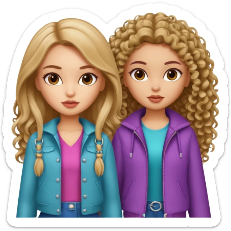 2 pretty bratz fair girls. One has straight hair and is tan. One is fair with curly hair sticker