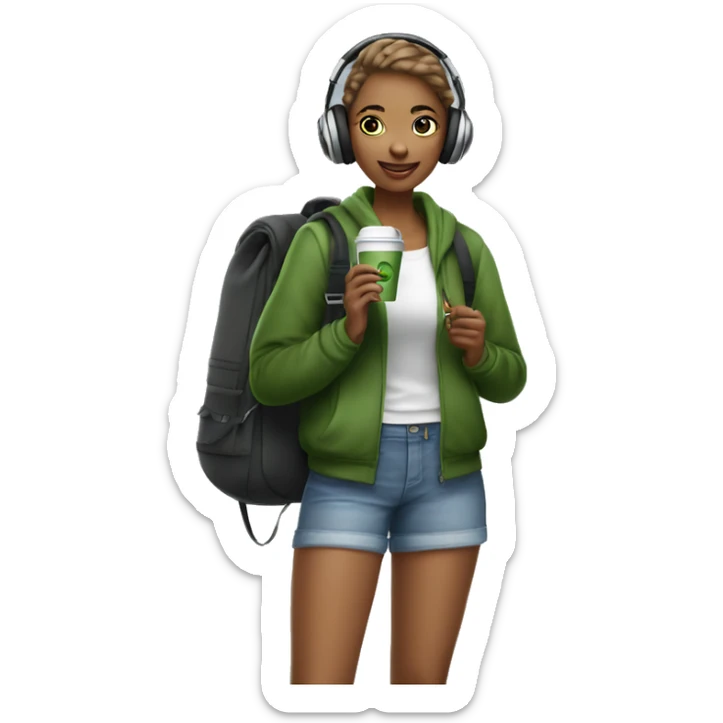 21 year old trendy athleisure girl with a school bag, headphones holding a green coffee sticker