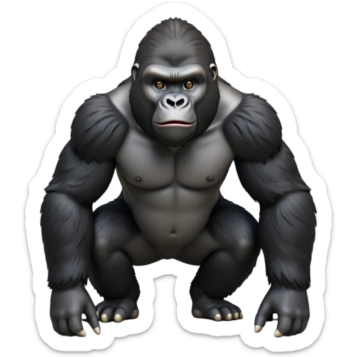cinematic-friendly gorilla-realistic-full-body-crouched on all fours-emoji,-broad-and-powerful-frame-poised-with-confidence,-massive-arms-hanging-slightly-forward,-head-tilted-thoughtfully,-thick-black-fur,-deep-dark-eyes-full-of-intelligence,-simplified-yet-realistic sticker
