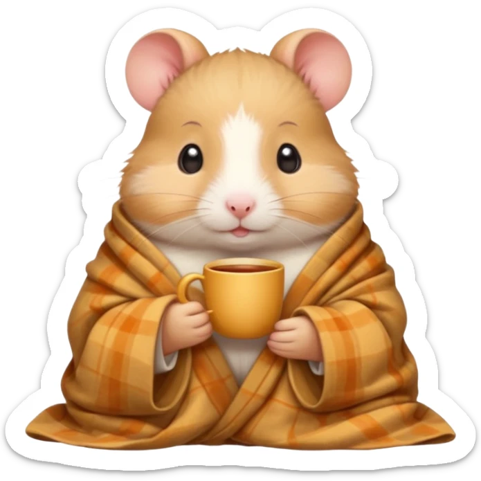 Cute cartoon-style hamster wrapped in a cozy blanket, holding a cup of tea, relaxed expression. Painterly shading, white background, sticker-style illustration sticker