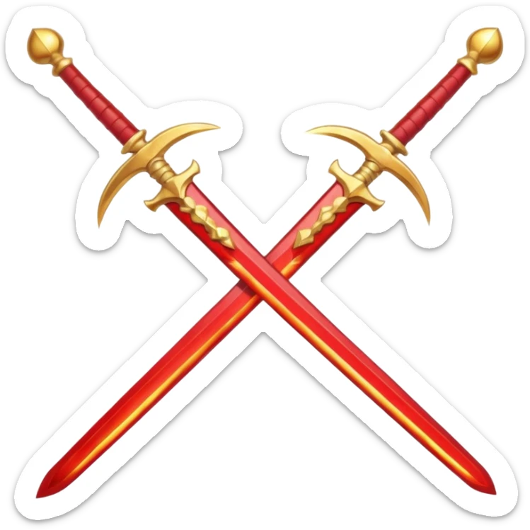 Two crossed swords that are golden in blade and handle and have fiery and royal appearence to them as well as red gem stones sticker