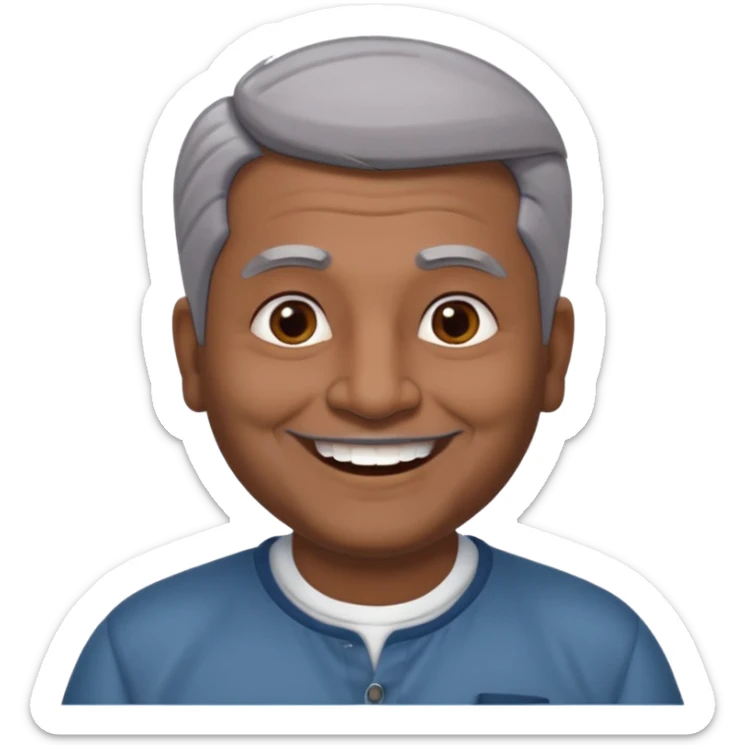 50 yr old indian man, dark skin, grey hair, big smile, white teeth, chubby, no moustache, clean shaven, young style hair, hair brushed back, 5 oclock shadow sticker