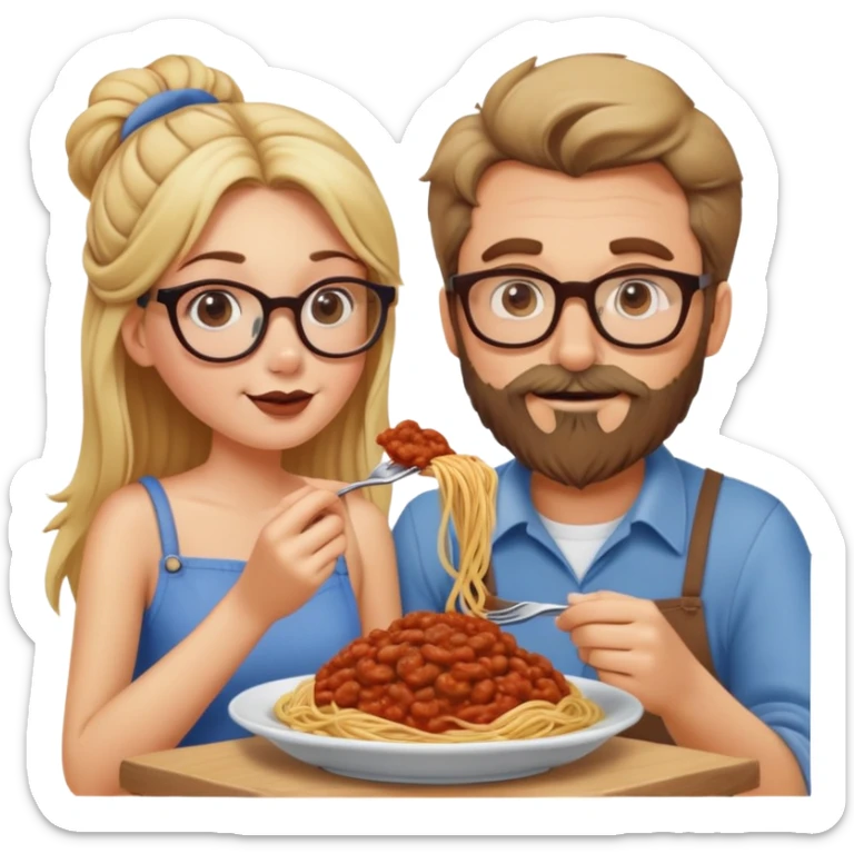 Blonde Caucasian girl eating spaghetti lady and the tramp style with Caucasian man with brown hair and beard wearing glasses sticker