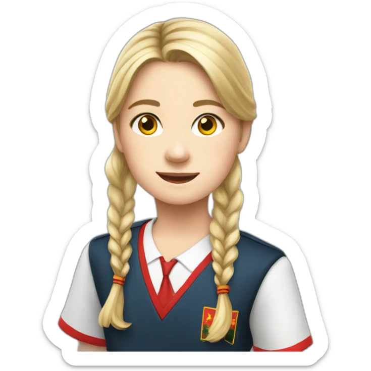sophie, german sixth grade pupil in red school uniform with long blond hair in vietnam sticker
