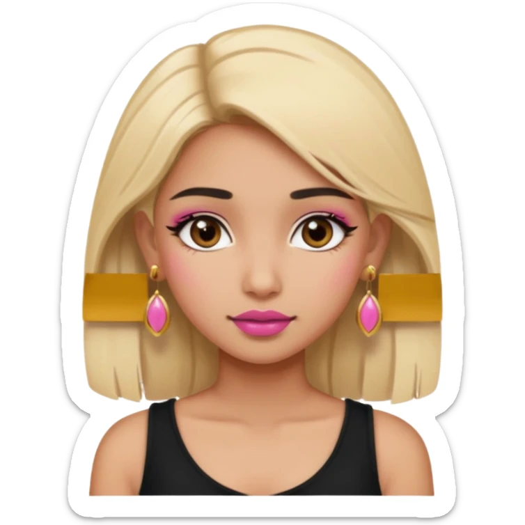 Sweet Indian girl blond hair brown eyes brown/pink lipstick pink blush black top gold earrings  sticker