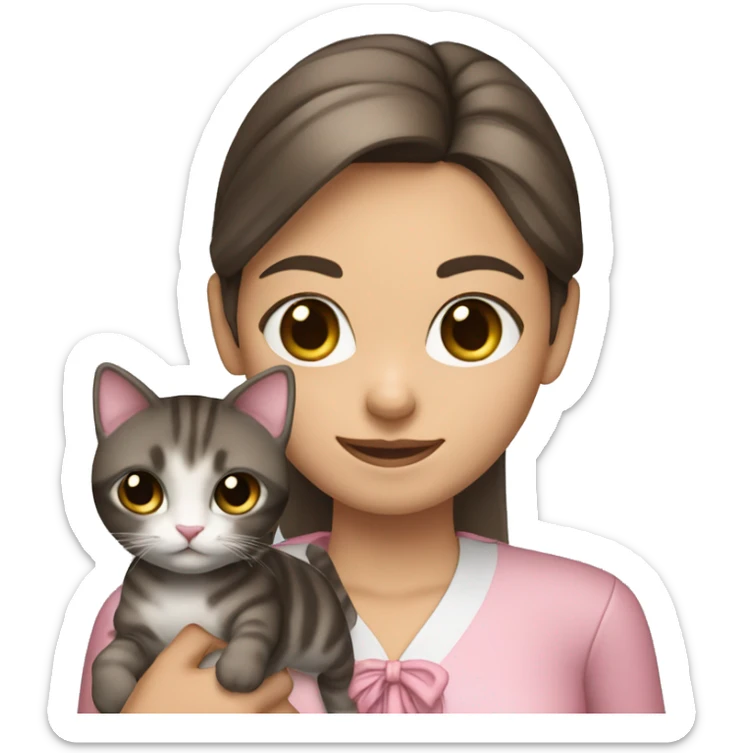Brunette girl with straight hair in a pink blouse, holding a gray, striped, brown-eyed cat with a bow in her arms sticker