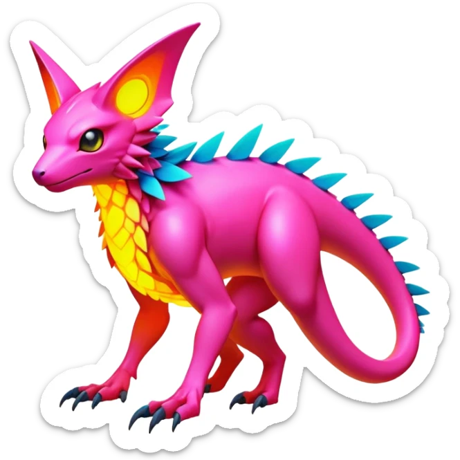 Tropical futuristic lush warm-colored modern colorful neon-colored Fakémon-Digimon-Trico-creature sticker