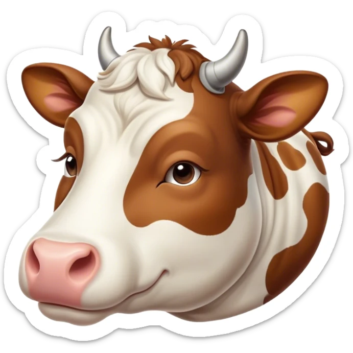 Meme-Worthy Cute Sleeping Brown and White Cow Portrait Emoji, Head resting peacefully with a contented smile, showcasing a robust build and a luxuriously soft patterned hide of brown and white, eyes shut in a serene, restful nap, Simplified yet hilariously adorable features, highly detailed, glowing with a soft, drowsy light, high shine, relaxed and utterly lovable, stylized with an air of playful laziness, bright and heartwarming, soft glowing outline, capturing the essence of a comically sleepy cow, so meme-worthy it feels like it could instantly become the next viral sensation of adorable slumber! sticker