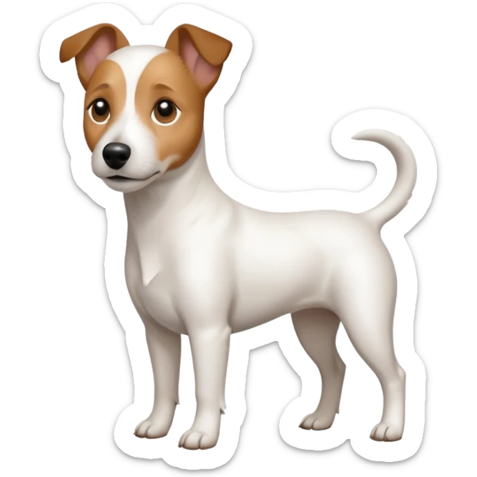a full body white jack russel looking dog the size of a kelpie with light brown ears and a light brown patch on one eye and a large snout sticker