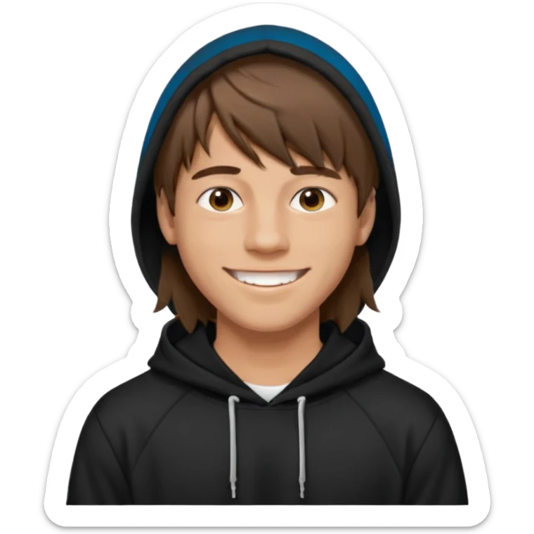 20 yr old man, brown hair, straight, big smile, white teeth, tanned skin, bangs, black hooded sweatshirt, long hair in back, center-parted bangs sticker