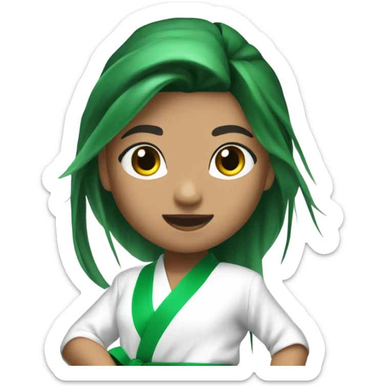 morena skin girl with a karate green belt and one leg kicking very high long hair sticker