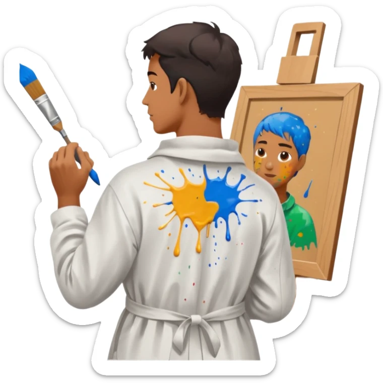 the artist stands with his back to the painting, painting a portrait sticker