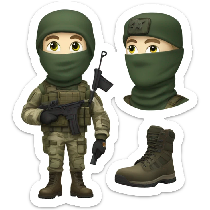 white male, pale skin, tall, call of duty Logan mask, green camo tactical gear, combat boots, beanie, hazel eyes sticker