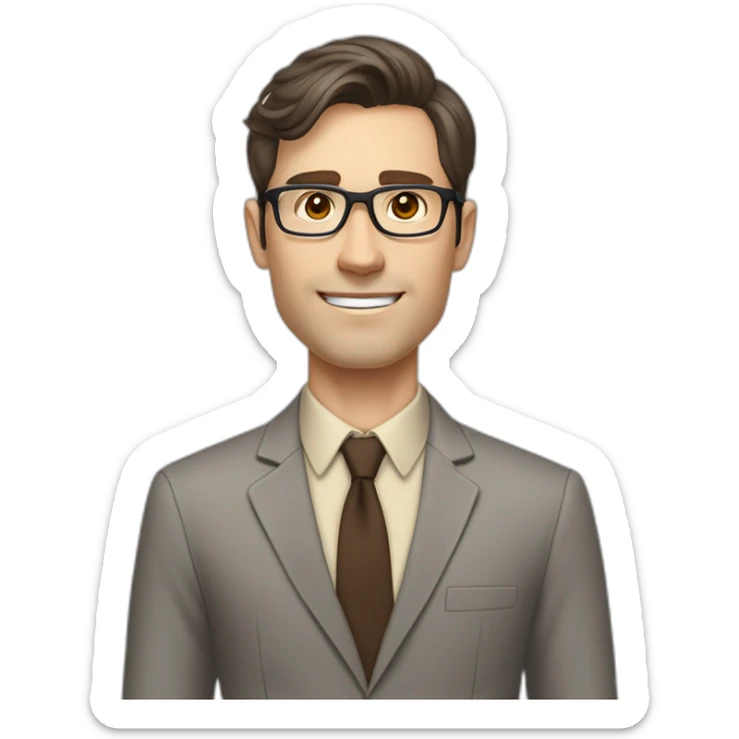 Pale skinned fit man with dark brown hair in gray jacket, beige office shirt, brown tie, brown pants and vintage glasses Writing text on a marker board sticker