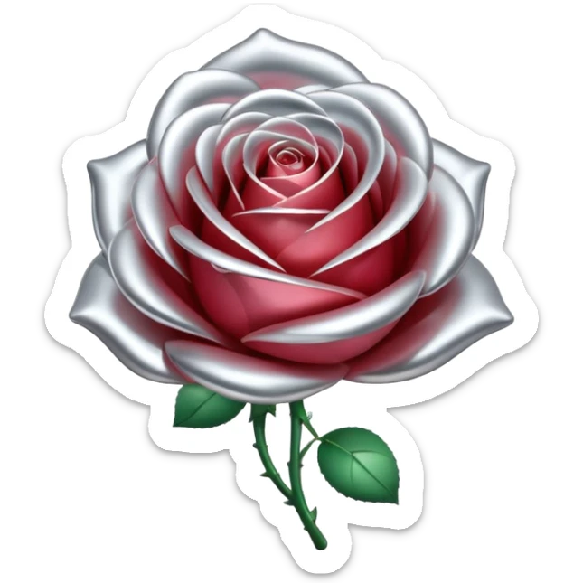 A rose emoji made of liquid silver metal, smooth metallic petals, reflective chrome surface, soft gradients, elegant shape, minimalistic iOS emoji style, centered, clean white background, realistic highlights, no text sticker