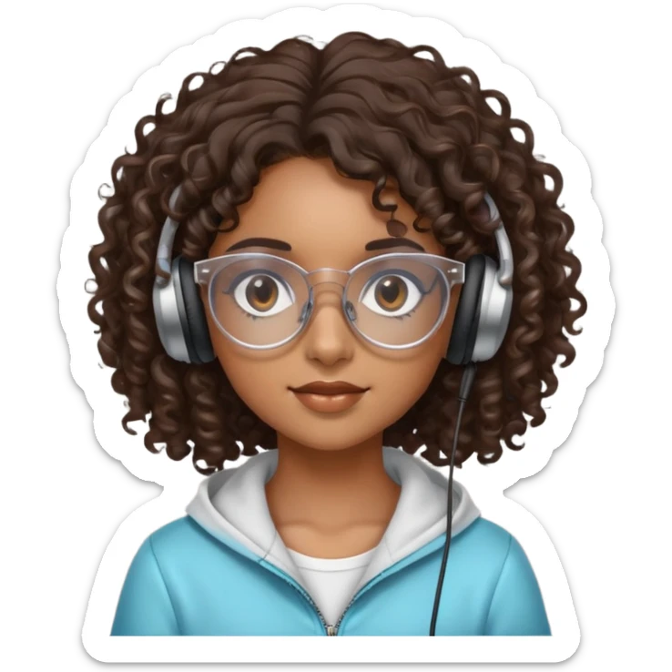Chica morena con cabello crespo, con lentes transparentes y que tenga los ojos cafés oscuro. Y con unos audífonos en las manos. sticker