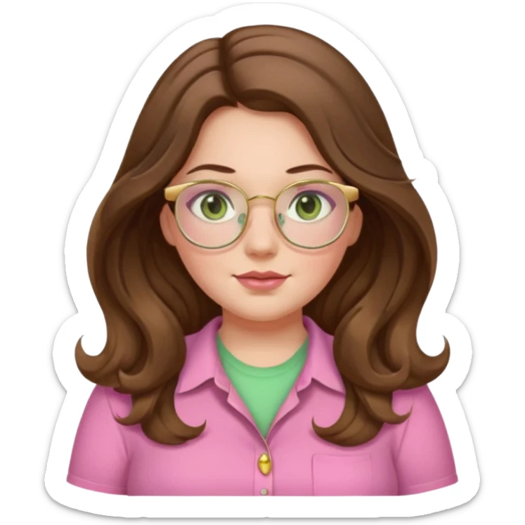 Girl girl long wavy brown hair with middle part, pale green eyes, plus size, pink shirt, gold rimmed glasses sticker