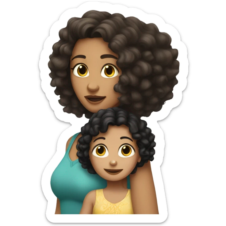 Caucasian woman with straight Brunette hair holding a caucasian girl toddler with curly black hair sticker