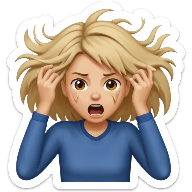 Girl ripping hair out yelling holding hair sticker