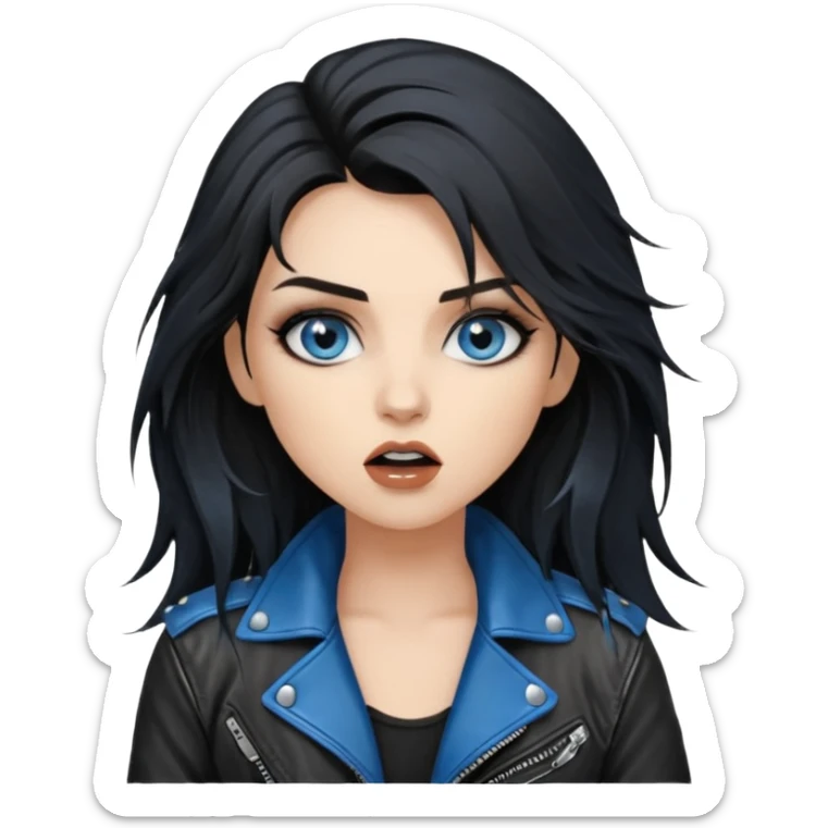 
 rockstar girl with long black disheveled hair, blue eyes, Smokey eyes grunge makeup, singing  sticker