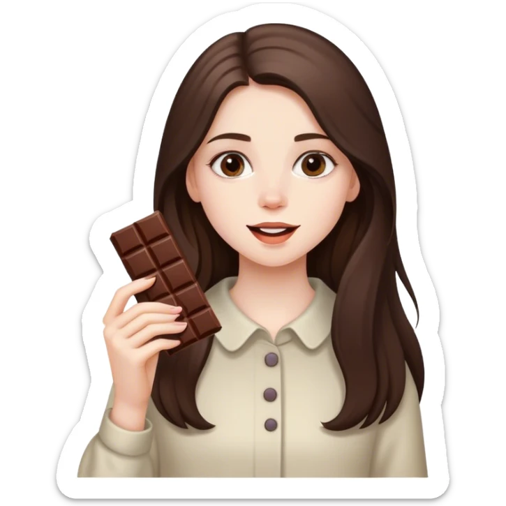 beautiful pale brunette girl with long hair eating a bar of chocolate  sticker