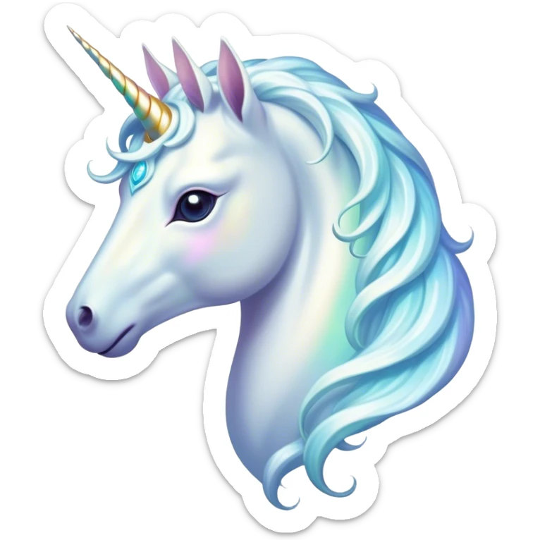 Cinematic Noble White Unicorn Portrait Emoji, Poised and regal, with a slender, ethereal form draped in a pristine white color, a flowing mane and tail, and a glistening, spiraled horn that radiates pure light, Simplified yet sharp and sophisticated features, highly detailed, glowing with a soft, iridescent luminescence, high shine, intelligent and transcendent, stylized with an air of mythical enchantment, focused and serene, soft glowing outline, capturing the essence of a watchful and confident white unicorn that appears ready to prance out of the screen with magical grace! sticker