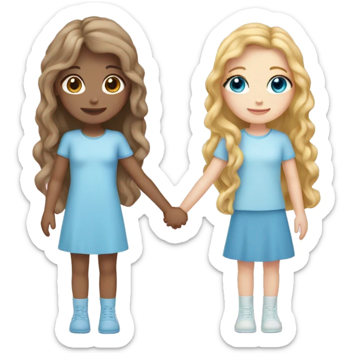 two girls holding hands. one girl has brown curly long hair and she is wearing pastel blue. the second girl has long straight blonde hair and is wearing pastel pink. they both have blue eyes and pale skin sticker