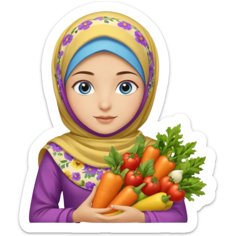 Turkish beautiful finish Konya girl blue eyes with floral yellow and lila hijabi dress and she had on her hand vegetables  sticker