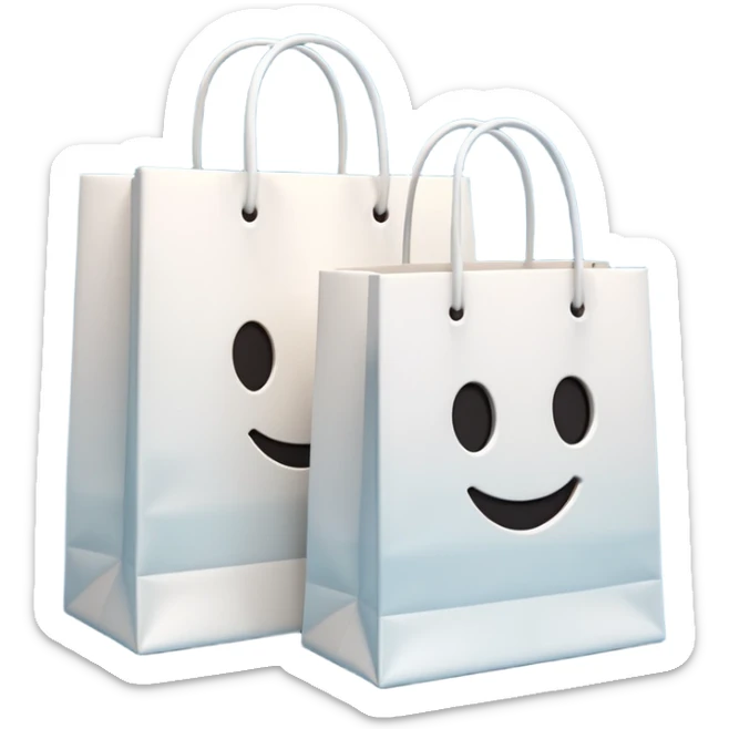 A 3D emoji of two white paper shopping bags, one large and one small, standing next to each other. Soft studio lighting, smooth 3D rendering, claymorphism style, minimalist design, cute, high resolution, isolated on a white background. sticker