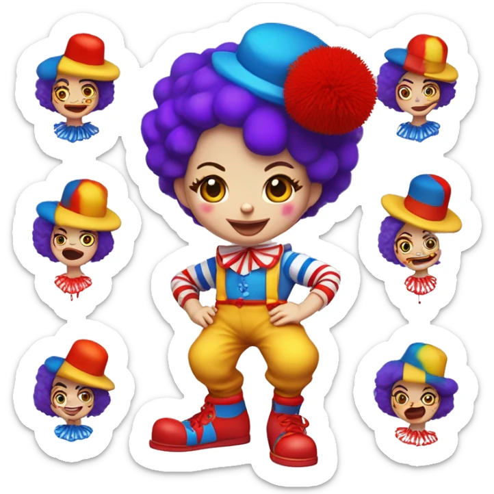 JoJo Tickle (Jojo's circus) female clown white skin, clown red nose, red hair, short hair, blue barret with covered red pompom, yellow shirt with covered paint splatters purple and blue pattern, red pants with orange stripes and white red big shoes sticker