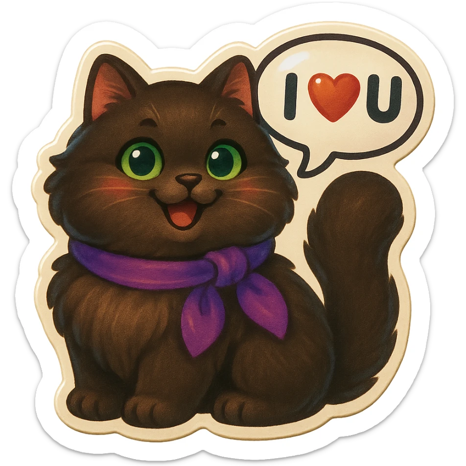 Fluffy happy smiling cute dark-brown cat with green eyes and a purple scarf saying ‘I ♡ U’ (with a speech bubble) sticker