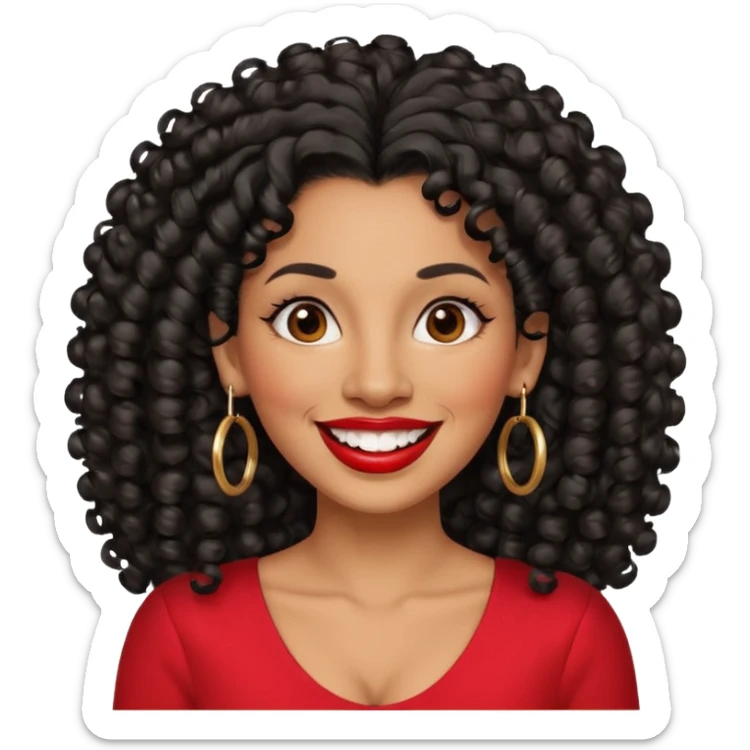 40 yr old peruvian woman, very curly long black hair, red lipstick, big smile, white teeth, brown eyes, hoop earings, side part to hair, round face sticker