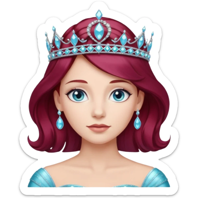 Burgundy hair princess with blue eyes wearing a sparkly black and aquamarine tiara  sticker