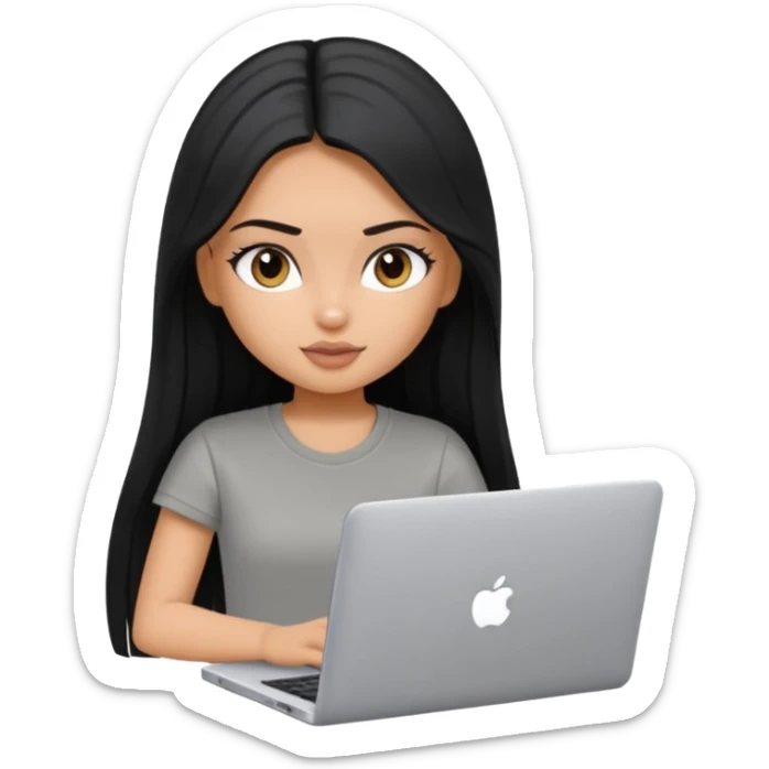 a pretty tan bratz girl with black long straight hair, wearing a grey tshirt using her laptop  sticker