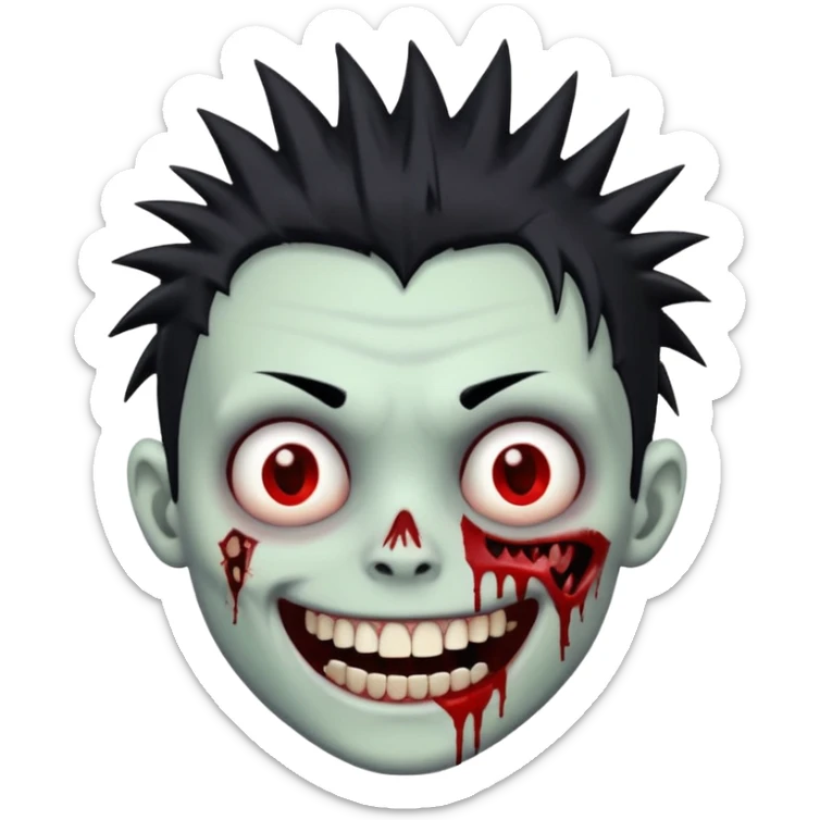 zombie boy with emo spiky hair, white skin, and white eyes; an open smile, and bloodied teeth; sticker