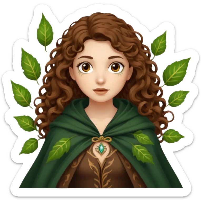 woman with long curly brown hair, brown eyes, white skin, tattoos, cloak made of animated leaves swirling sticker