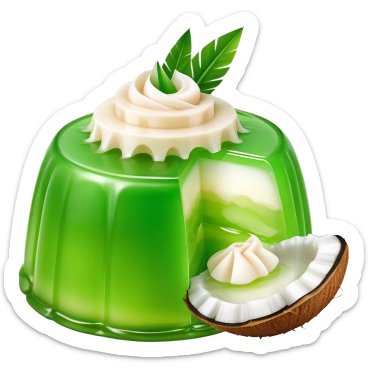 Cinematic Realistic Coconut Pandan Jelly Dessert Emoji, showcasing a delicate, translucent jelly infused with coconut and pandan rendered with lifelike detail and soft, tropical lighting. sticker