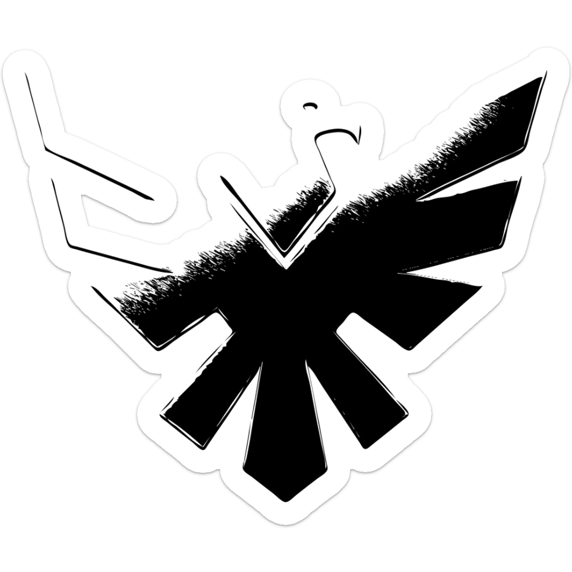 Make the Atreides hawk symbol look like it is made out of shiny silver metal, with a solid black background, metallic texture and highlights, logo style. sticker