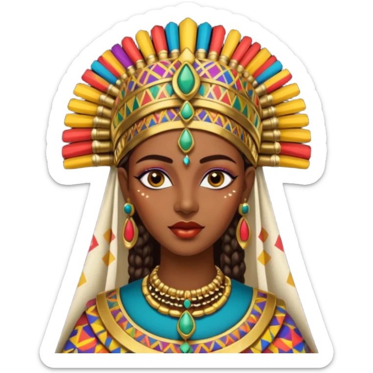 Create me an emoji of a beautiful Ethiopian Queen of Sheba wearing a colorful African patterns. sticker
