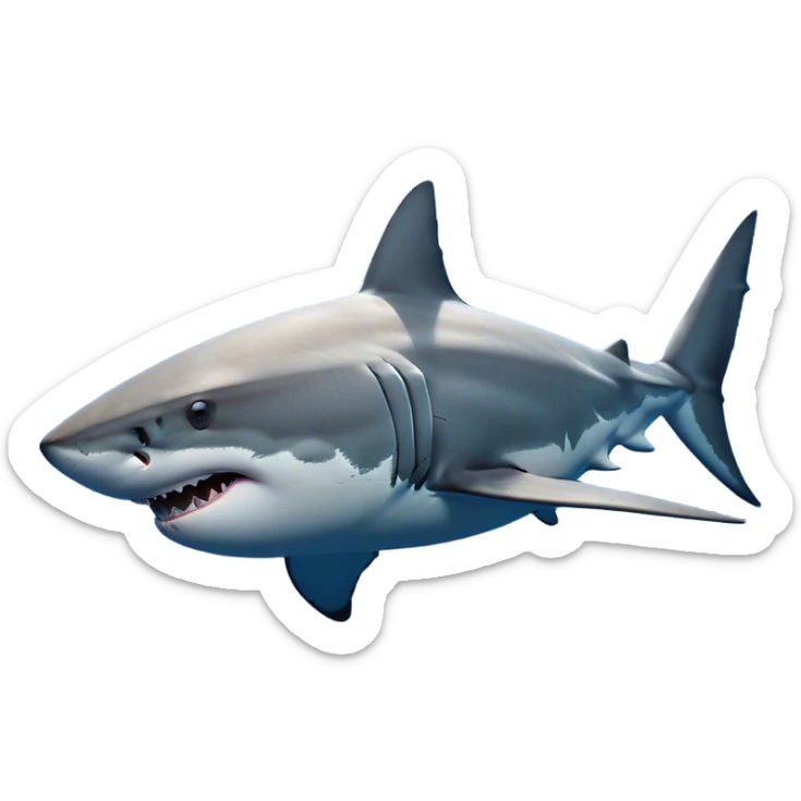 Cinematic Noble Great White Shark Portrait Emoji, Poised and regal, with a robust, torpedo-shaped body, a pointed snout, a gleaming white underbelly contrasting with a slate gray dorsal surface, and piercing, intense eyes scanning deep blue waters, Simplified yet sharp and sophisticated features, highly detailed, glowing with a cool, oceanic luminescence, high shine, intelligent and commanding, stylized with an air of marine authority, focused and vigilant, soft glowing outline, capturing the essence of a watchful and confident predator that appears ready to surge out of the screen with effortless power! sticker