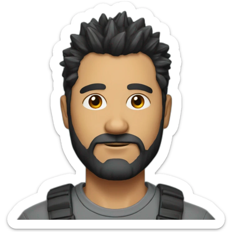 A 52 year-old man with black and spiky hair on top hair very short beard sticker