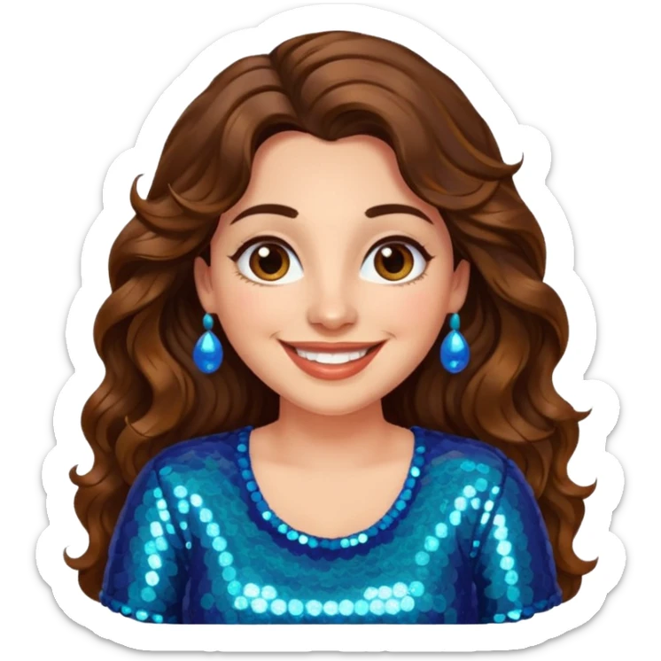 30 yr old italian woman, long brown wavy hair, big brown eyes, huge smile, sequin shirt, no bangs, a bit chubby sticker
