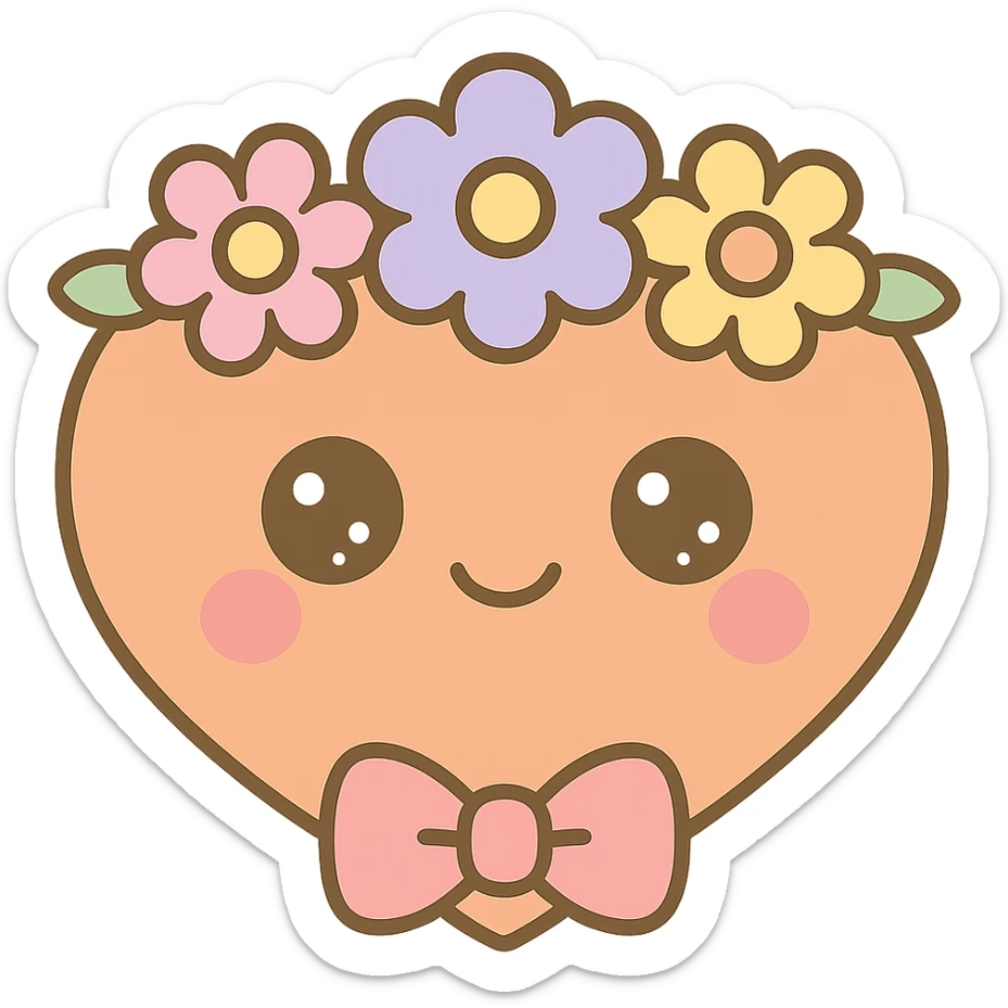 Add a crown of colorful flowers to the orange heart, keeping the cute kawaii style with a smiling face and bow, with no background. sticker