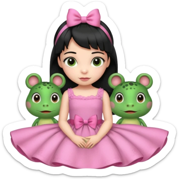princess frog on bed pink bow with a pink dress cute girly pop black hair short baby bangs sticker