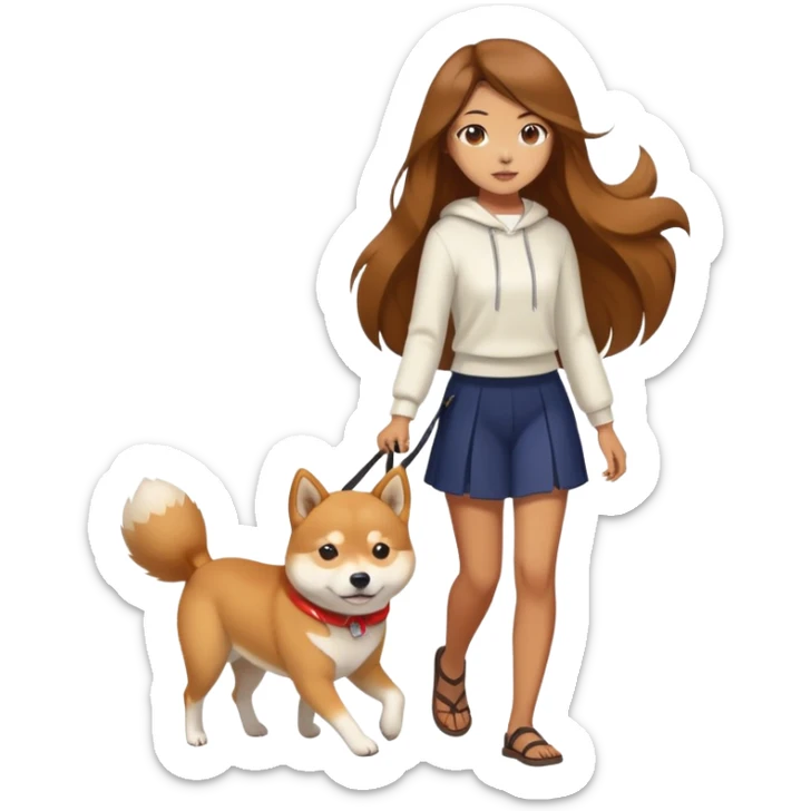 A girl with long brown hair walking a Shiba Inu sticker