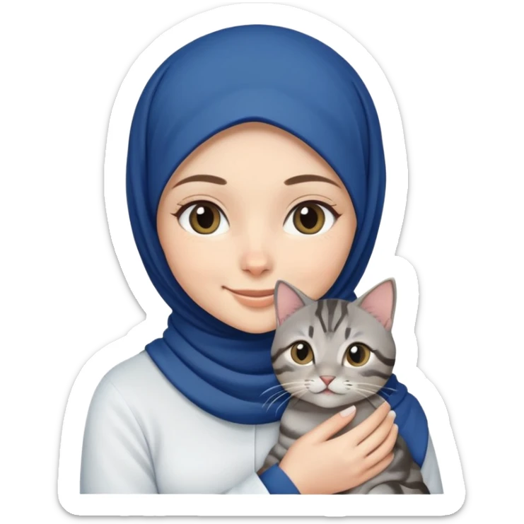 White girl wearing dark blue hijab with white shirt smiling while holding a black grey tabby cat sticker