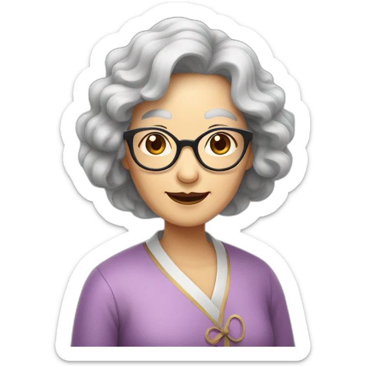Chinese senior  lady has wavy long  wavy hair wear glasses show appreciation signs sticker
